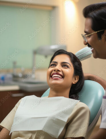 Dentist examining female patient teeth at hospital